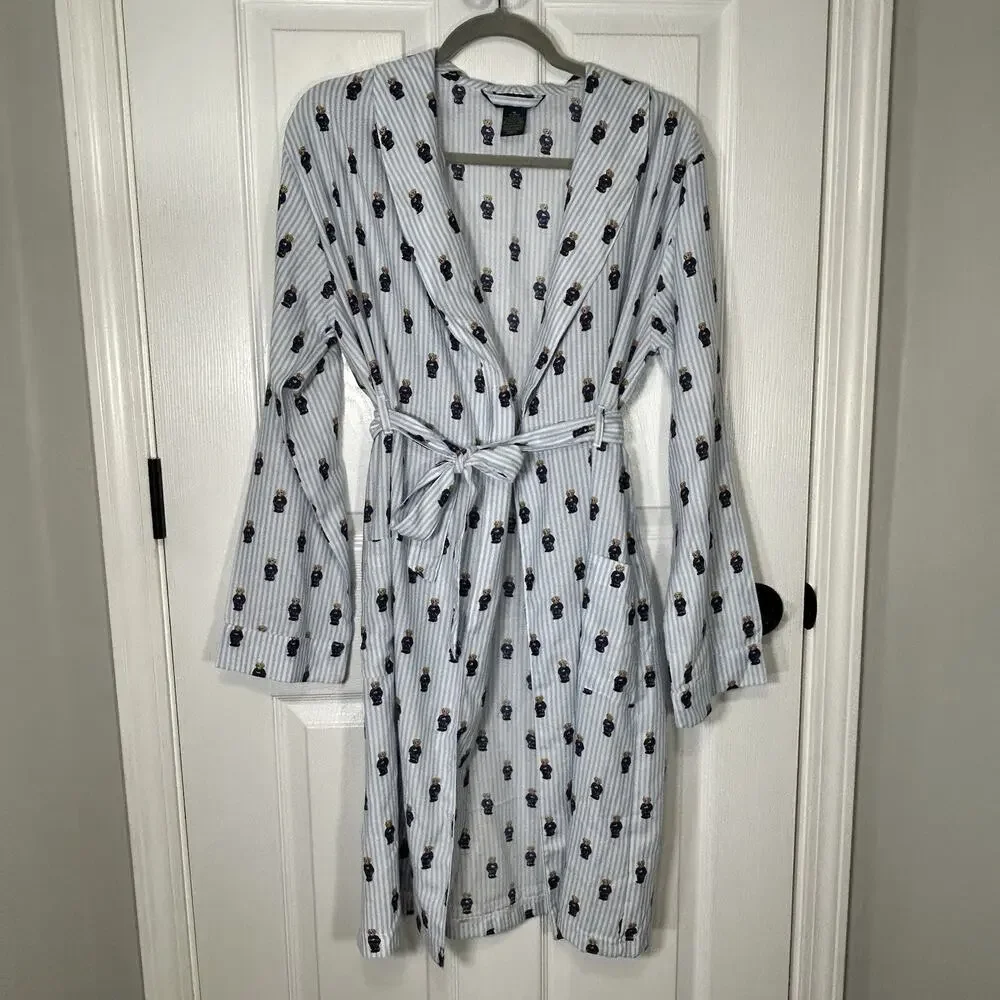 Ralph Lauren Polo Boys Robe Blue White Striped with Bears Size XL 13-15 Years